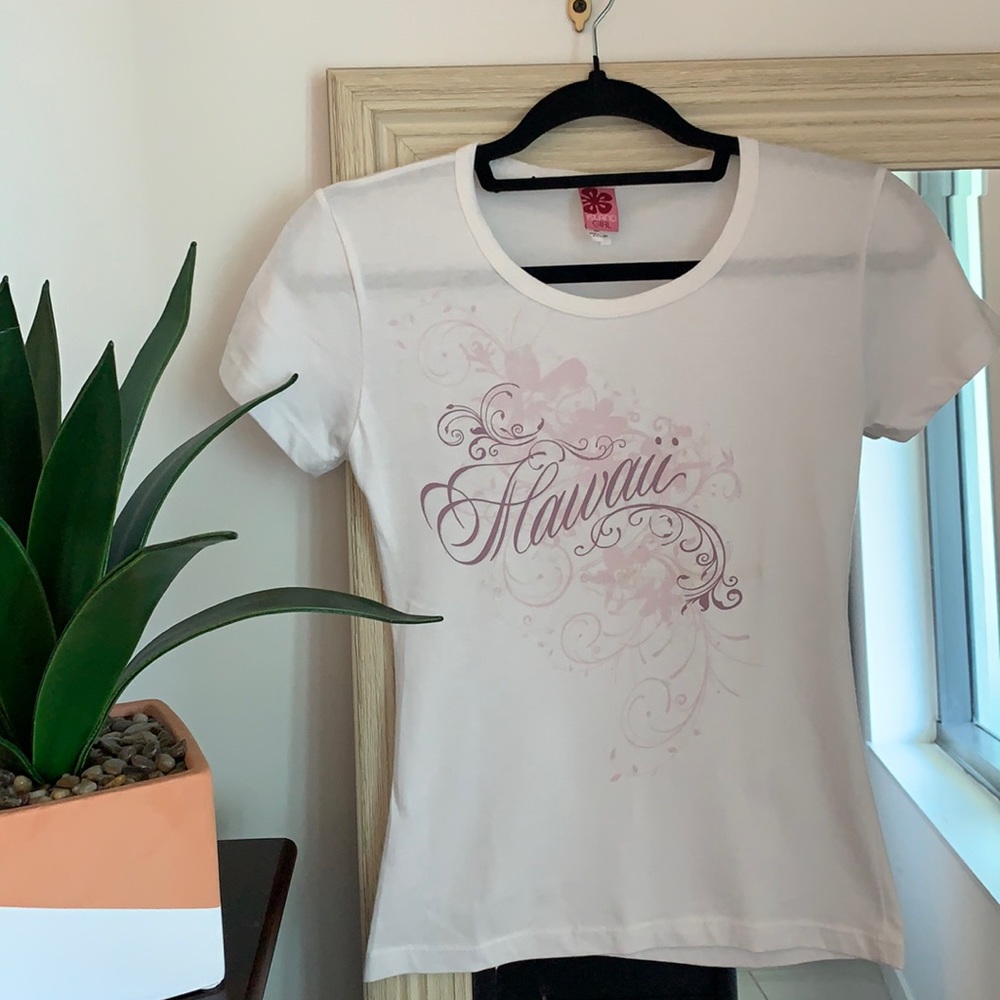 Island Girl white short sleeve t-shirt with purple Hawaii graphic print (small)✨